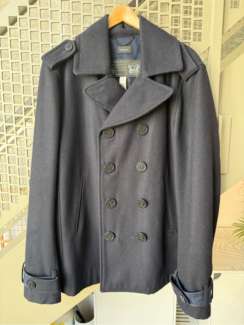 Diesel Men's Dark Navy Double-Breasted Peacoat